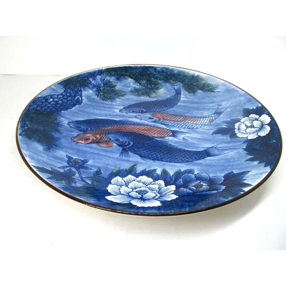Vintage Japanese Toyo Koi Fish Blue Round Platter 12.5